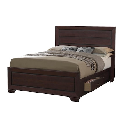 Benzara Wooden Queen Size Bed with 4 Spacious Side Rail Drawers, Dark Brown BM205523